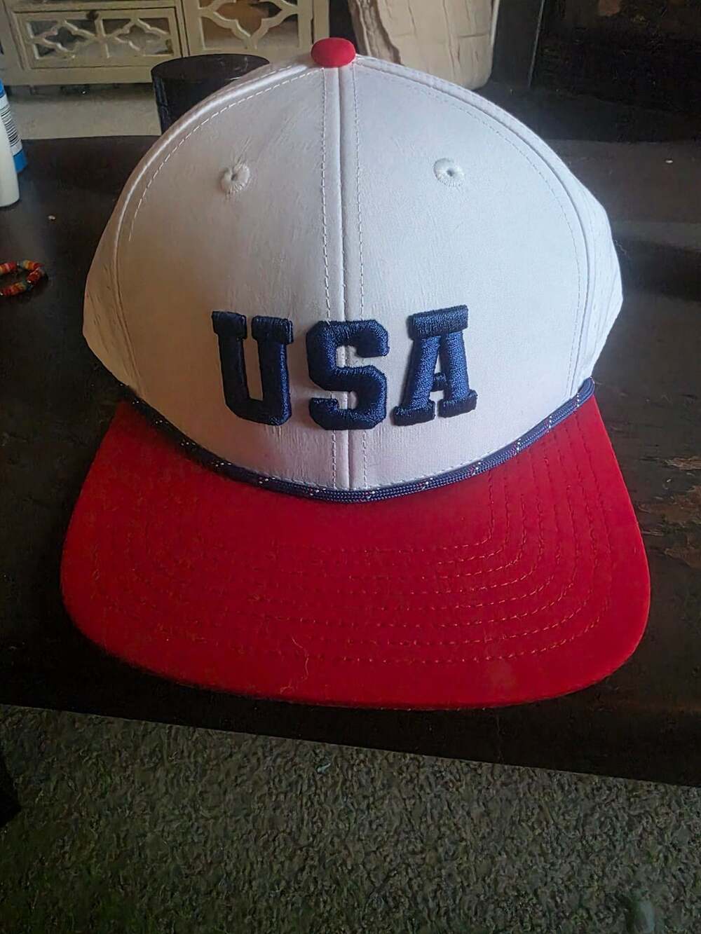 USA Snapback Hat White Red Blue Embroidered Rope Patriotic Cap